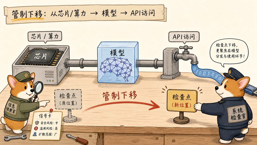 图2:AI 管制的检查点正从芯片/算力层,下移到模型分发和 API 访问层。
