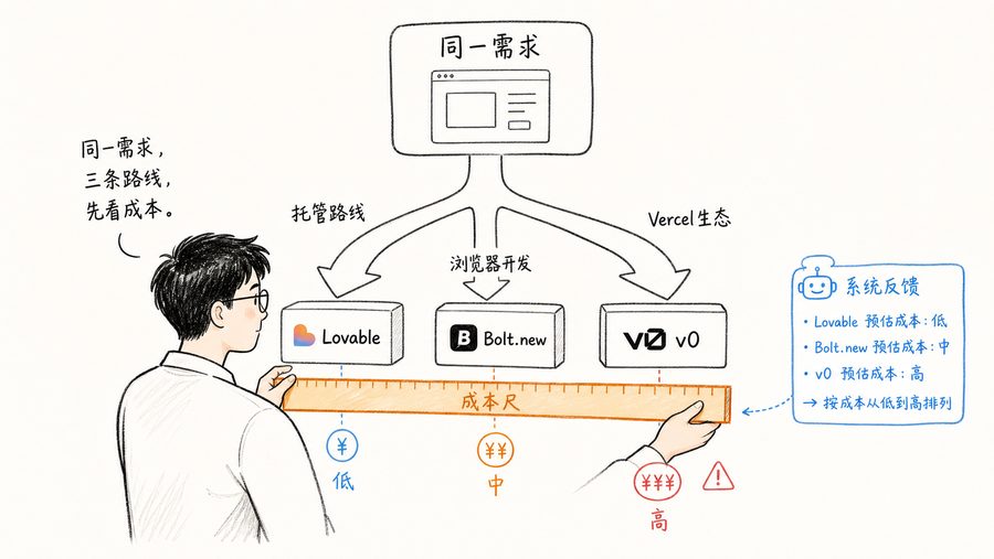 图:同一个全栈需求,在 Lovable、Bolt.new、v0 三条路线里对应不同的技术边界和成本模型。