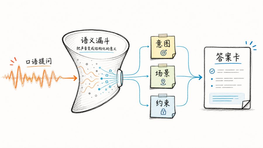 图:语音搜索把口语问题拆成意图、场景和约束,再组织成可被 AI 总结的答案卡。