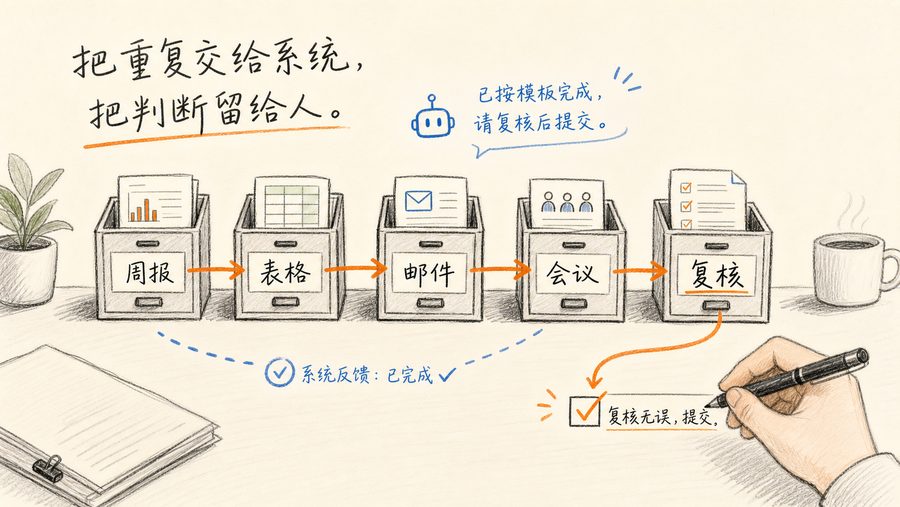 图:把重复办公任务放进模板抽屉,AI 执行,人工做最后复核。