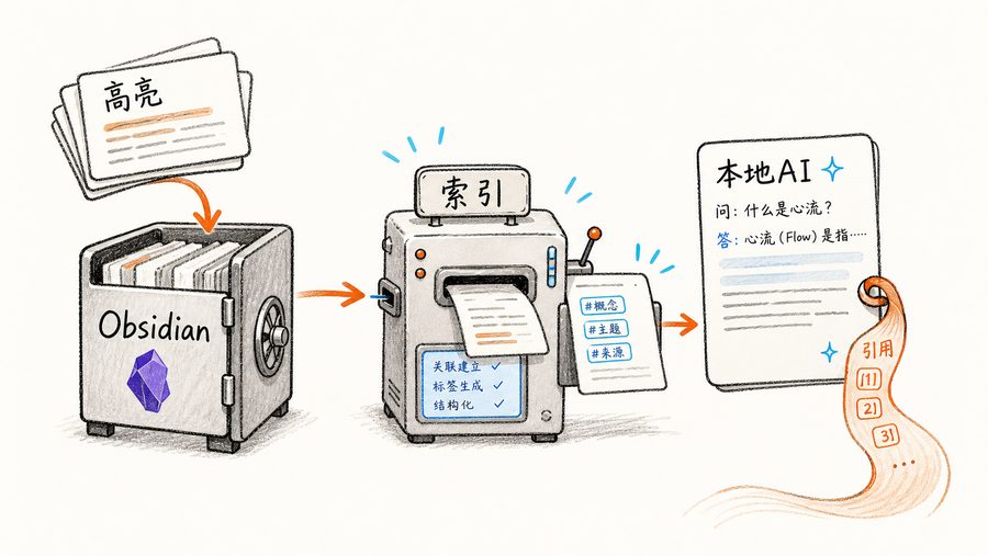 图:Readwise 高亮进入 Obsidian 金库,经过索引后,变成本地 AI 可以带引用回答的知识抽屉。